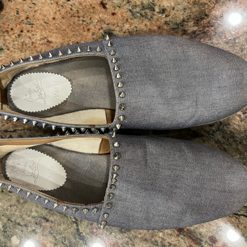 Christian Louboutin Gray Loafers with Silver Studs